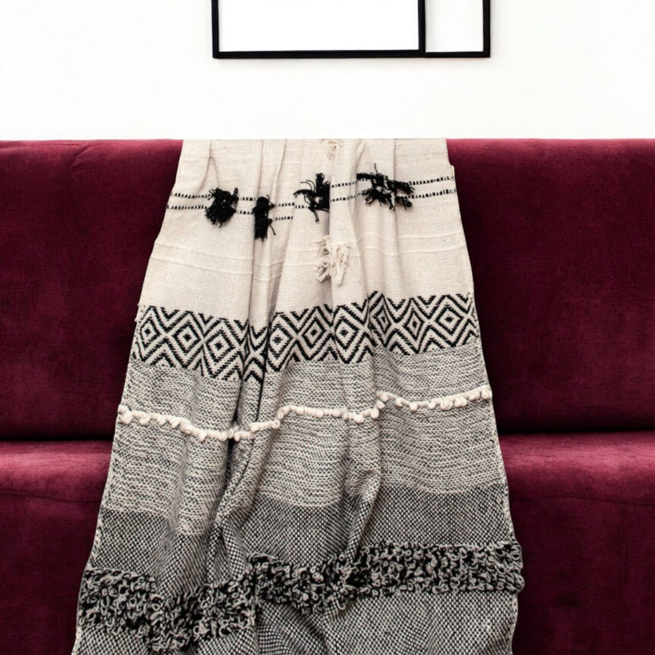 Edge Collections - Beige & Black - Charming Boho Throw with Decorative Tassels - 1 Piece